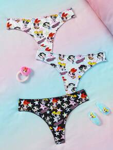 THE POWERPUFF GIRLS X SHEIN 3件套女士卡通印花舒适丁字裤 - 彩色 - 查看 1