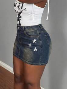 SHEIN BAE Women's Star-Printed Outdoor Street Style Vacation Denim Skirt - Blue - View 3