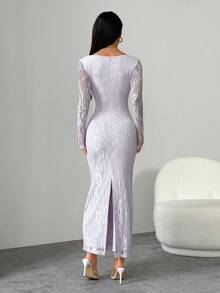 SHEIN PETITE Đầm maxi đen ôm sát cơ thể, dài tay, dáng chữ S, chất liệu ren, có gọng nâng ngực, cổ vuông, ôm sát, dành cho nữ, thích hợp cho các buổi tiệc mùa hè, hẹn hò. - Màu tím hoa cà - Xem 2