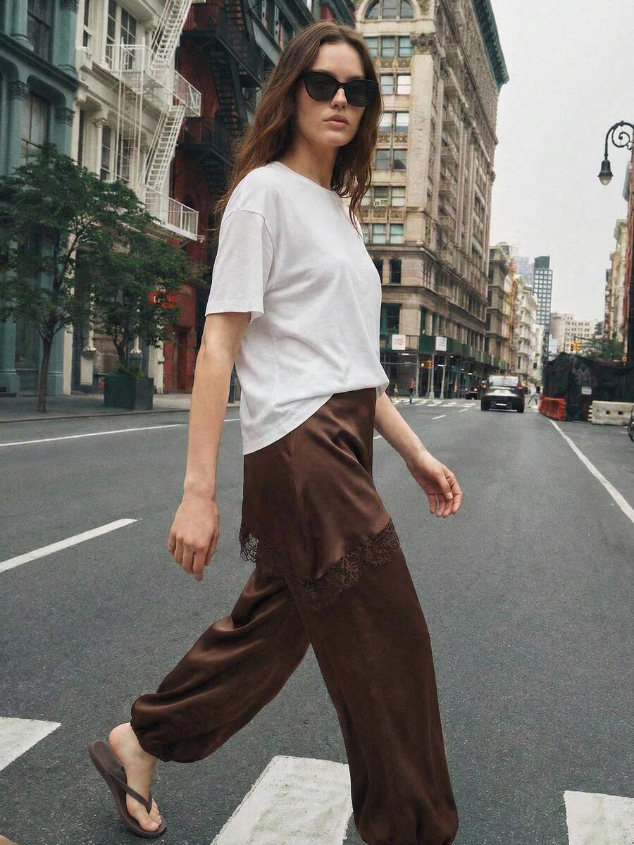 Maija 女士休闲日常纯色撞色蕾丝二合一裤 - 棕色 - 查看 1