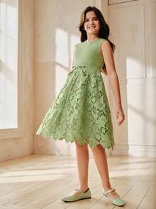 Anewsta 女童无袖蕾丝A字连衣裙，绿色，夏季款式无袖童装 - 綠色 - 查看 4