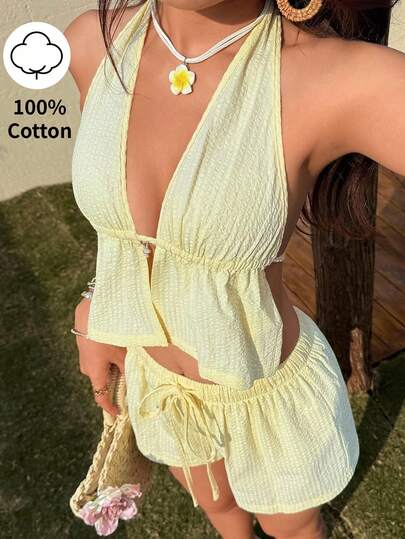 Sunnyshic 黄色褶皱提花棉布金属海星装饰深V领露背吊带上衣和低腰直筒短裤两件套，女士春夏度假海滩优雅甜美休闲复古简约百搭套装