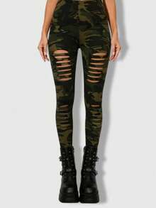 ROMWE Grunge Punk 1pc Fashionable Ripped Tights/Pantyhose/Leggings For Women - Army Green - View 2