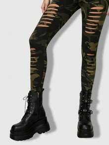 ROMWE Grunge Punk 1pc Fashionable Ripped Tights/Pantyhose/Leggings For Women - Army Green - View 5