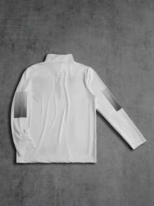 Manfinity ZONE917 男士字母图案四分之一拉链运动夹克，适合返校季和秋季穿着，透气吸汗，超柔软，四分之一拉链设计，修身剪裁，轻薄运动夹克，压缩衣 - 白色 - 查看 3