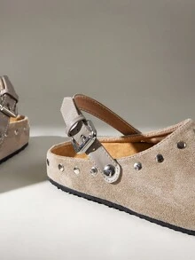 Solecia Women's Vintage Fashion Rivet Buckle Comfortable Versatile Simple Closed Toe Outer Wear Flat Bottom Mules Slippers Summer - Grey - View 5