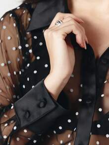 OverBlushhh Women's Black Sheer Polka Dot Blouse Long Sleeve Button Down Shirt Satin Collar Cuff Elegant See Trough Blouse Chic Office Work Date Night Party Top, Spring, Summer - Black - View 8