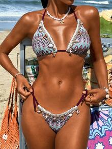 Swim Vcay Women's Summer Beach Hollow-Out Knitted Jacquard Fabric Halter Top And Side Tie Swim Shorts Casual Vacation Style Bikini Set - Multicolor - View 5