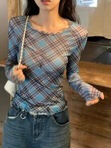 DAZY 春夏撞色拼接格子休闲街头风商务办公女式短袖T恤 - 藍色 - 查看 9