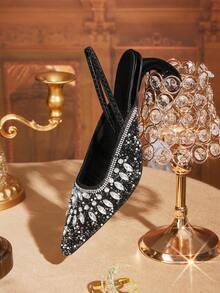 CUCCOO TILAWA New Black Rhinestone Pointed High Heels Women's Thin Heels With Sandals Banquet Dress Shoes Light Luxury Temperament Wedding Shoes - Black - View 3