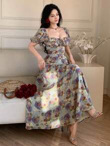 DAZY Women's Floral Pattern Sweetheart Neck Petal Sleeve Elegant Dress - Multicolor - View 8