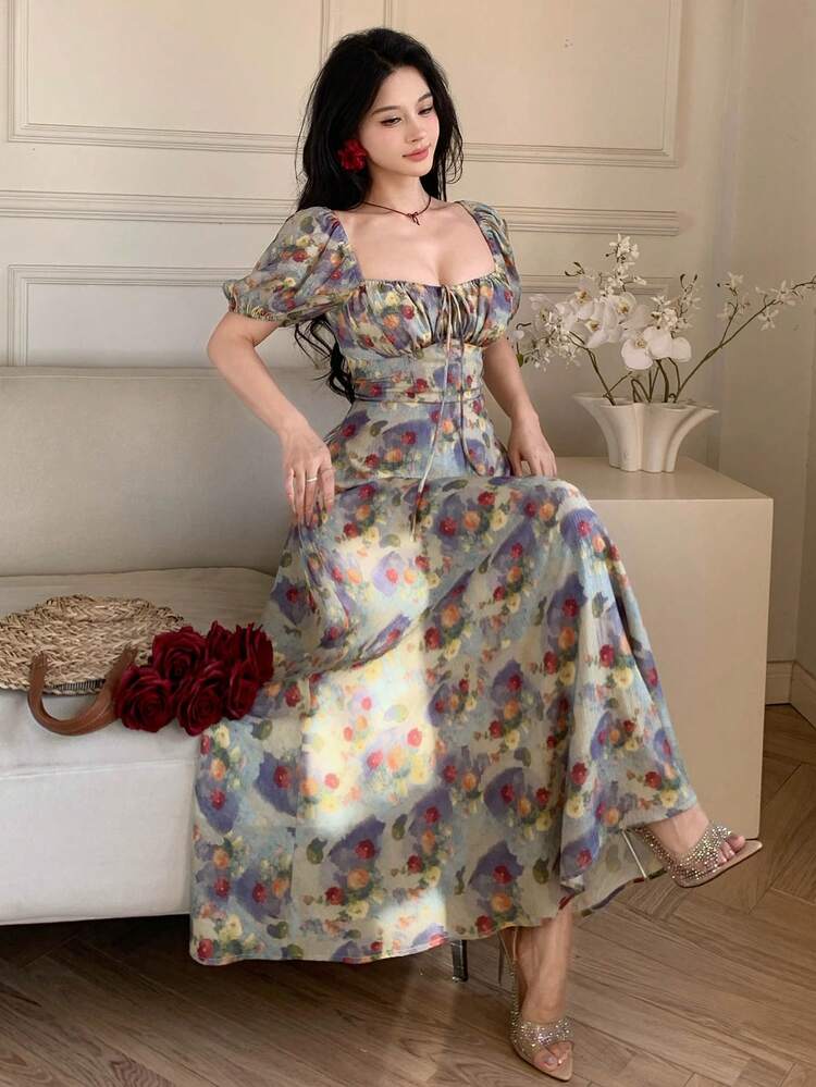 Women's Floral Pattern Sweetheart Neck Petal Sleeve Elegant Dress Sundress Summer Boho