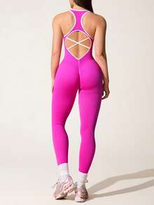 Slayform Seamless Fuchsia & White Sports Jumpsuit Gym Jumpsuit For Women Seamless Workout Jumpsuit - Hot Pink - View 7