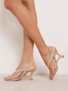 SHUZIA 女士时尚休闲后带雕花坡跟人字拖凉鞋 - 米色 - 查看 2