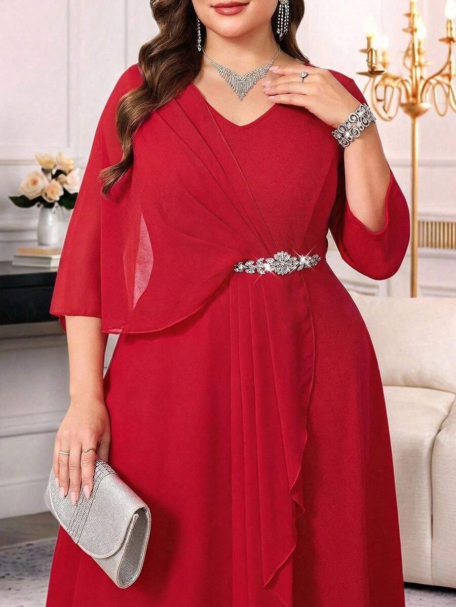 Reflora 大码女式V领腰部水钻装饰荷叶边下摆优雅收腰派对连衣裙