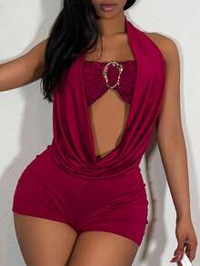 Slaydiva Burgundy Women's Strapless Jumpsuit With Metal Buckle - Red - View 1