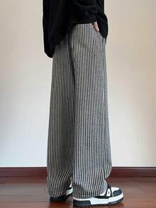 Manfinity Hypemode Men's Simple Striped Drawstring Casual Long Pants, Everyday Wear, Fall - Black and White - View 2