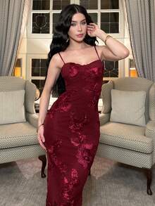 hhfernanda 3D立体花卉性感紧身吊带裙，红色连衣裙，圣诞节，新年连衣裙，女士优雅派对连衣裙 - 酒紅色 - 查看 4