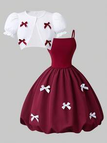 Tween GirlsRetro Elegant Red Bow Petal Sleeve Cardigan And White Bow Strap Peplum Dress Set, Sweet And Chic - Burgundy - View 7