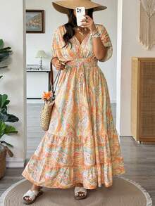 Vionelle Plus Size Boho Multicolor Random Print V Neck A Line Maxi Dress With Batwing Short Sleeves - Multicolor - View 7