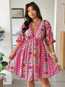 Vionelle 2026新款印花度假风宽松V领花瓣袖短裙，休闲显瘦设计，适合大码女性，女士度假连衣裙，夏季连衣裙，沙滩罩衫，度假连衣裙，波西米亚风连衣裙，曲线沙滩度假连衣裙，波西米亚风连衣裙，女士粉色印花连衣裙，女士夏季连衣裙，女士夏季套装，女士裹身裙，女士沙滩罩衫，女士假日连衣裙，度假装，女士度假连衣裙，女士夏季套装，沙滩装连衣裙，沙滩俱乐部罩衫，波西米亚风连衣裙，女士比基尼 - 玫紅色 - 查看 6