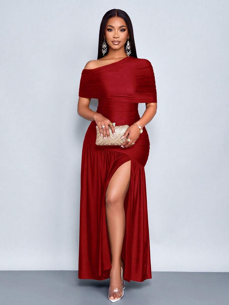 SOLERSUN Women's Burgundy Red Summer Elegant Dining Party One Shoulder Off-Shoulder Neck Front Slit Pleated Hem Glossy Fabric Knitted Maxi Dress - Burgundy - View 1