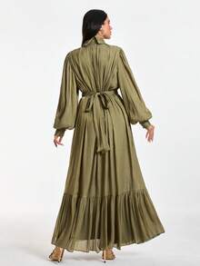 EURMUSE Elegant Light Olive Green Middle Eastern Maxi Dress With High Neck Tie, Long Sleeves, And Ruffled Hem – Modest, - Olive Green - View 5