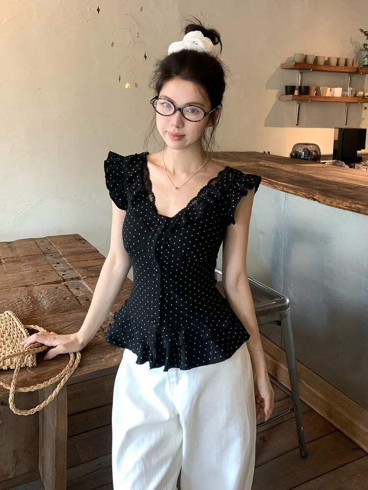 Women's Ruffled Polka Dot Korean Style Summer T-Shirt