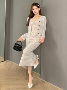 DAZY 女士优雅格子外套连衣裙两件套，秋季 - 杏色 - 查看 7