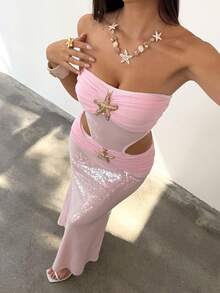 Bluhae 女士优雅性感度假亮片连衣裙，海星元素无肩带连衣裙，适合度假/日常/海滩穿着 - 粉色 - 查看 3