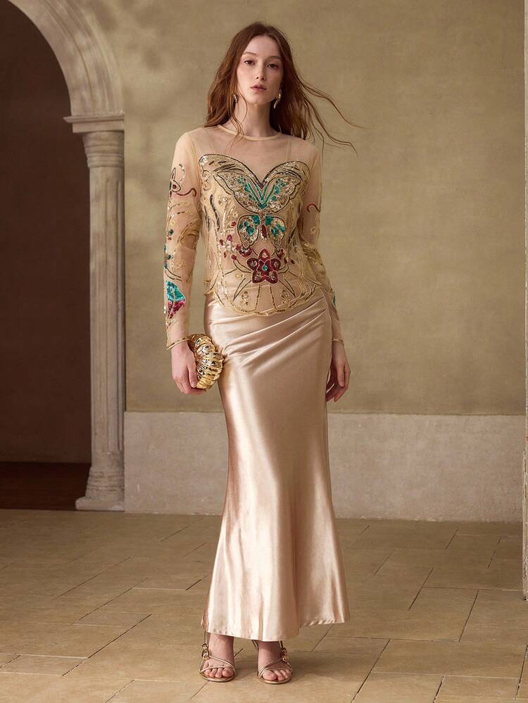 WOMEN'S BUTTERFLY SEQUIN EMBROIDERED SHEER MESH TOP