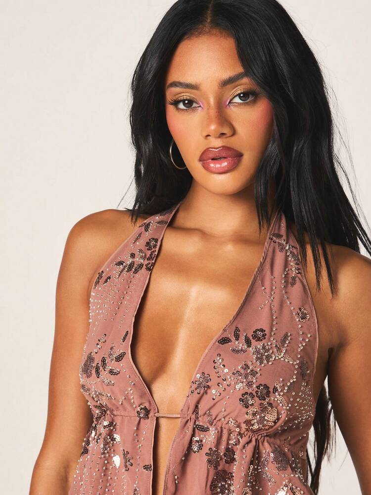 MISSGUIDED Sequined Halter Neck Crop Top With Floral Embellishment Plunging Neckline Backless Design For Party Occasions Evening Wear Women