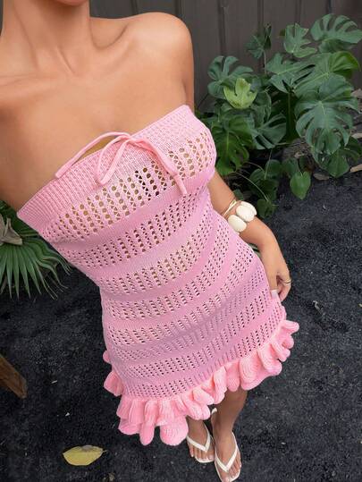 Sunnyshic Women's Sexy Beach Fashion Pink Strapless Hollow Out Bodycon Mini Dress Knit Sweater Dress