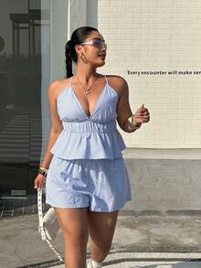 Muchica 大码女式条纹荷叶边吊带背心和短裤两件套 - 藍白色 - 查看 8