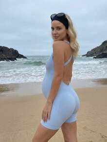 SHEIN Maternity Casual Solid Color Romper, Suitable For Summer - Blue - View 5