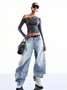 LYSMO 女士休闲时尚朋克风纯色不规则领口金属孔眼细节修身短款T恤，春秋季 - 黑色 - 查看 7