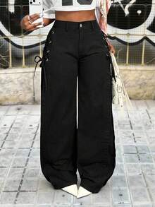 Slaydiva 女士高腰侧边系带阔腿宽松休闲牛仔裤 - 黑色 - 查看 7