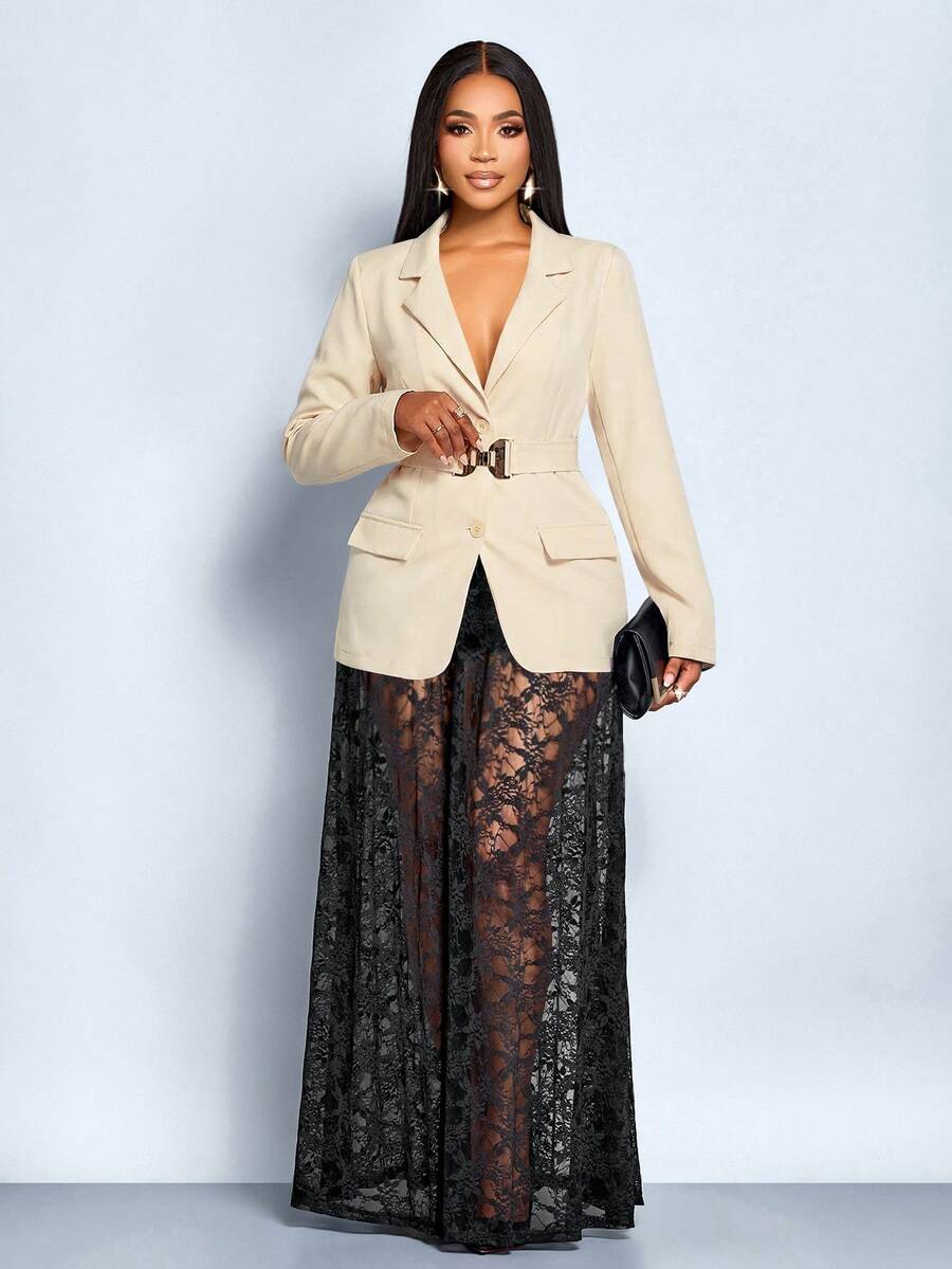 SOLERSUN 女士时尚商务休闲金属腰带西装外套和蕾丝裙（随机花卉图案） - 杏色 - 查看 1