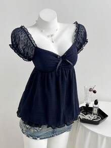 Elamini Áo kiểu nữ mùa hè thoải mái, cổ vuông, tay ngắn, có chi tiết khoét eo, thích hợp cho kỳ nghỉ, đi biển, hẹn hò, kiểu cổ áo hình trái tim đa năng. - Màu xanh hải quân - Xem 4