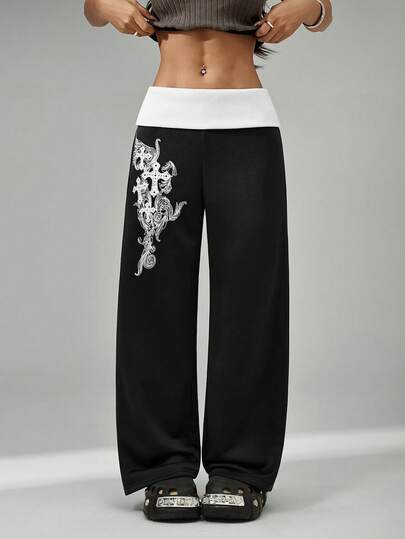 SHEIN PETITE Women's Summer Festival Renaissance Fair Streetwear Vintage Y2K Grunge Graphics Stretchy Turn-Down Trousers Black Straight Leg Pants