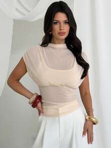 Firerie 优雅简约精致浪漫时尚通勤日常都市风波西米亚度假休闲网纱垂褶二合一收腰杏色金银线透视T恤上衣 - 杏色 - 查看 5