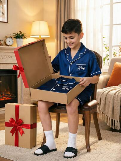 SHEIN 2pcs Kids Tween Boy Casual And Comfortable Printed Collared Short-Sleeved Shirt And Pants Pajama Set Is Skin-Friendly And Suitable For All Seasons.