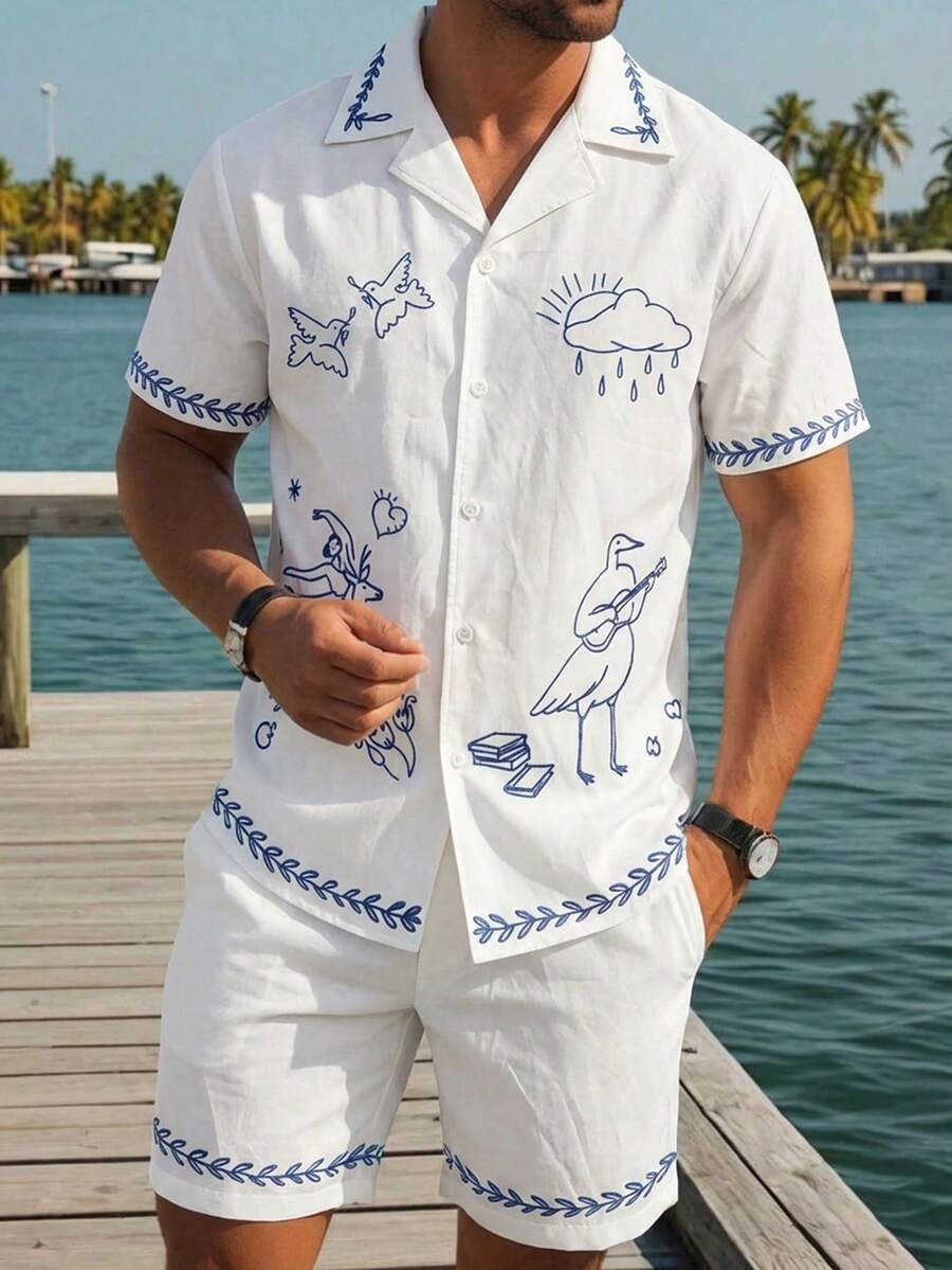 Manfinity RSRT Men's White Polo Collar Drawstring Elastic Waist Short Sleeve Shirt Set, INS , Valentine's Day Edition - White - View 1