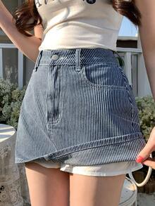 DAZY Falda vaquera recta y corta de rayas casuales para mujer, de verano - Azul lavado medio - Ver 4