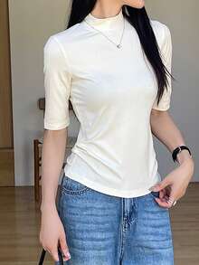 DAZY Women's Mock Neck Fitted Half Sleeve T-Shirt - White - View 6