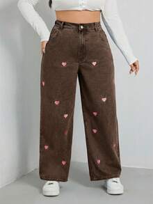 SHEIN EZwear 加码爱心刺绣阔腿牛仔裤 阔腿牛仔裤 女童阔腿牛仔裤 女士阔腿牛仔裤 - 棕色 - 查看 1