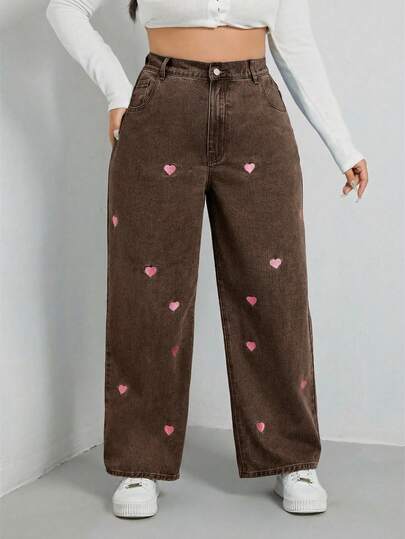 SHEIN EZwear Plus Heart Embroidery Wide Leg Jeans Wide Jeanswide Leg Jeans Girlswide Leg Jeans Womanwide Leg Denim Pants