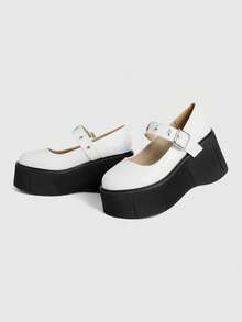 Sugerpunk Modische Damen Lässig Frühling/Sommer Mary Jane Keilabsatz Plateau Schuhe, Gothic Punk Stil Dunkel Serie Einzelner Riemen Nieten Elastik Schnalle Runde Spitze Niedrig-Geschnittene Schuhe für Nachtclubs, Partys, Festivals und täglichen Gebrauch. - Weiss - Übersicht 5