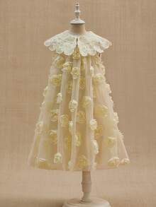 Sweet And Lovely Lace-Trimmed Short A-Line Babydoll Dress For Girls, Perfect For Wedding Season, Performances, Birthday Parties, Banquets, And All Seasons. - Apricot - View 3