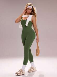 Sovereign Charm Seamless High Elasticity Yoga Fitness Sports Backless Butt-Lifting Jumpsuit - Army Green - View 7